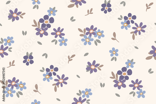 Seamless floral pattern, liberty ditsy print of small purple flowers. Pretty botanical design in rustic motif, tiny hand drawn flowers, leaves, simple cute bouquets on white. Vector illustration.