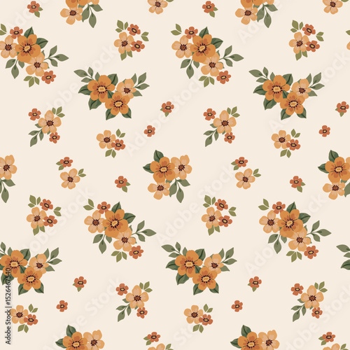 Seamless floral pattern, liberty ditsy print in cute rustic, country motif. Stylish botanical design of small hand drawn yellow flowers, tiny leaves, simple bouquets in abstract. Vector illustration
