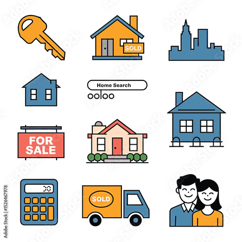 vector icons real estate business house key, symbolizing ownership new home House Sold Sign icon "Sold" sign in front, representing successful real estate 
