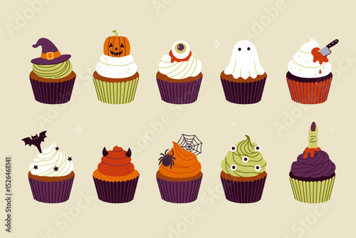 Set of different cupcakes in Halloween style. Vector graphics.