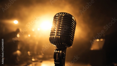 Vintage microphone on stage, bathed in warm stage light
