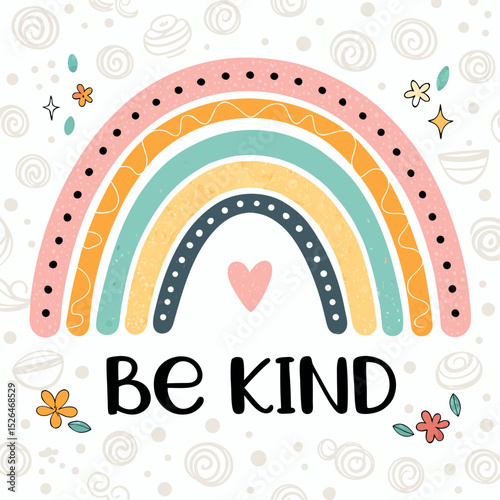 A colorful rainbow with the encouraging message be kind adorned with decorative elements