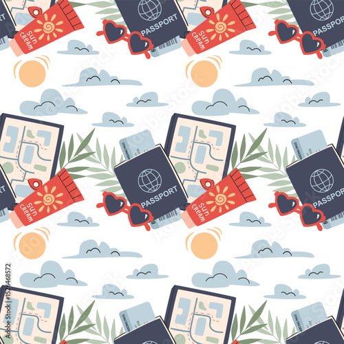 Travel collage Seamless Pattern. Summer vacation background. World map with travel dectinations and travel map around isolated on white.