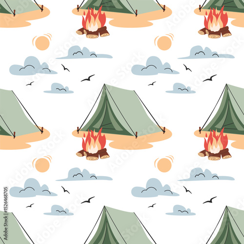 Camping tent seamless pattern on white background. Summer camp pattern design for scrapbooking, textile, wrapping, banner