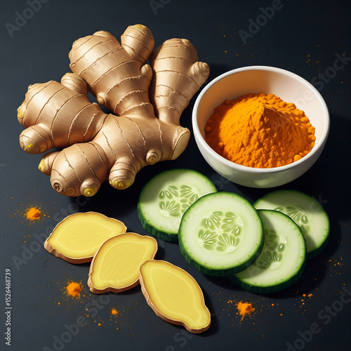 Fresh ginger, turmeric powder in a bowl, and sliced cucumber on a dark surface.