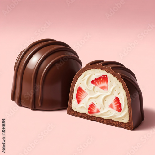 Half of a chocolate truffle with strawberry pieces, with a whole truffle beside it on a pink background.