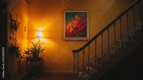 Warm, inviting hallway with stairs and artwork