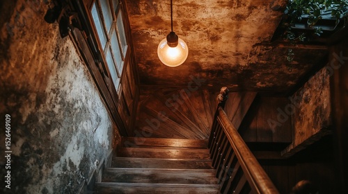 Vintage wooden staircase in a weathered building