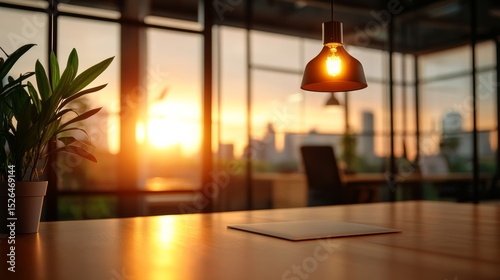 modern office interior with blurred background, sleek furniture, bright lighting, glass partitions, neutral tones
