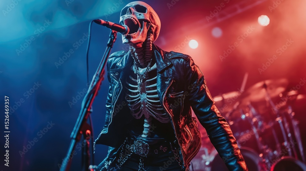 Fototapeta premium Skeleton Rock Star Singing on Stage with Dramatic Lighting