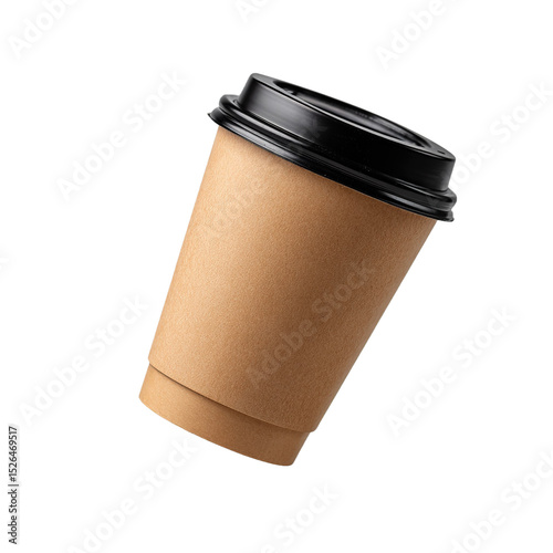 A blank take away coffee cup floating in air isolated on white background.