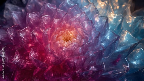 Translucent flower petals blooming in radiant layers with glowing magenta and purple center blending into blue teal and gold edges