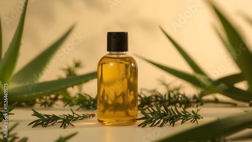 transparent plastic bottle of amber hair oil with black flip top cap surrounded by aloe vera rosemary and amla on soft green natural background