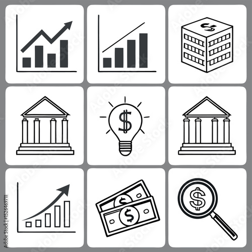 Financial and economic icons representing business growth and investment concepts clearly presented