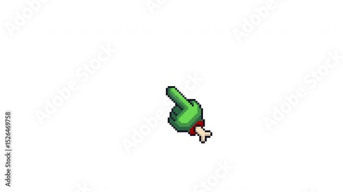 Pixel art animation of a zombie-style hand cursor continuously pointing with finger on transparent background. Creepy, playful motion in retro video game style.