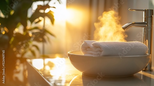 Warm Towel in Bathroom Sink at Sunrise