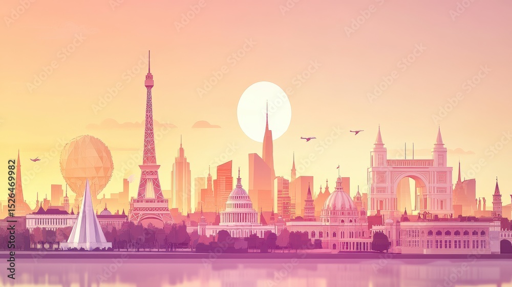 Obraz premium City skyline at sunset with hot air balloon over waterfront