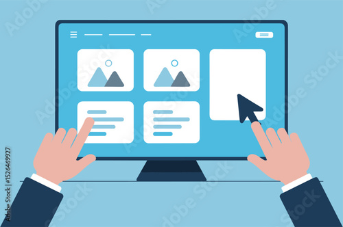 Hands Navigating Digital Interface on Screen – UI/UX Interaction Vector Illustration
