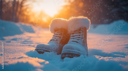 Warm winter boots in the snow at sunset