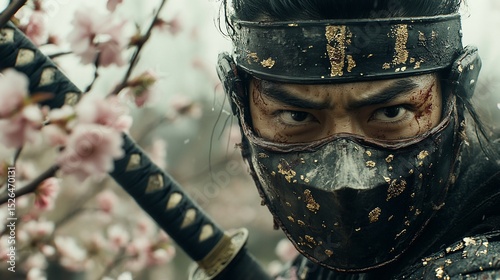 Warrior with mask and katana poses against blooming cherry tree, intense gaze