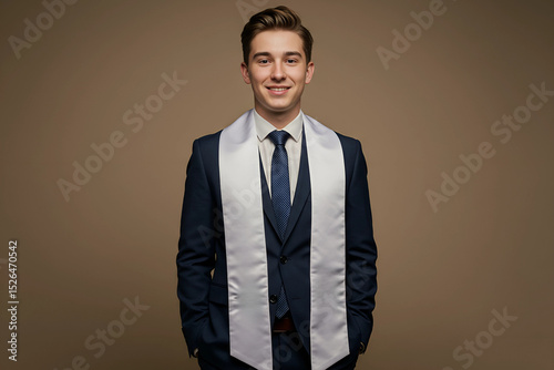 smiling student wearing graduation stole posing in formal shirt, perfect for academic portrait and graduation announcement visual