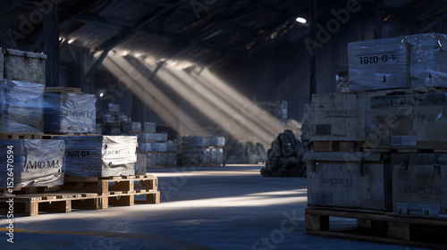 Dimly lit weapons depot with rows of neatly stacked crates labeled with military markings, heavy metal racks holding rifles and ammunition boxes, shadows casting dramatic contrast