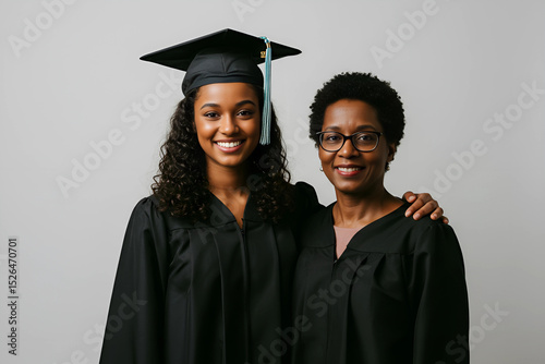 Beautiful african american female graduate student  in a cap and gown posing with their parents on white background