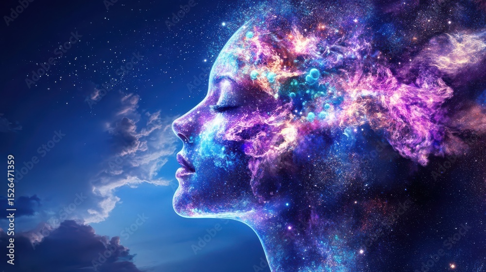 Obraz premium Serene young woman with nebula head in cosmic night setting