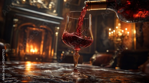Wine pouring in glass. Warm fireplace background, luxurious ambiance