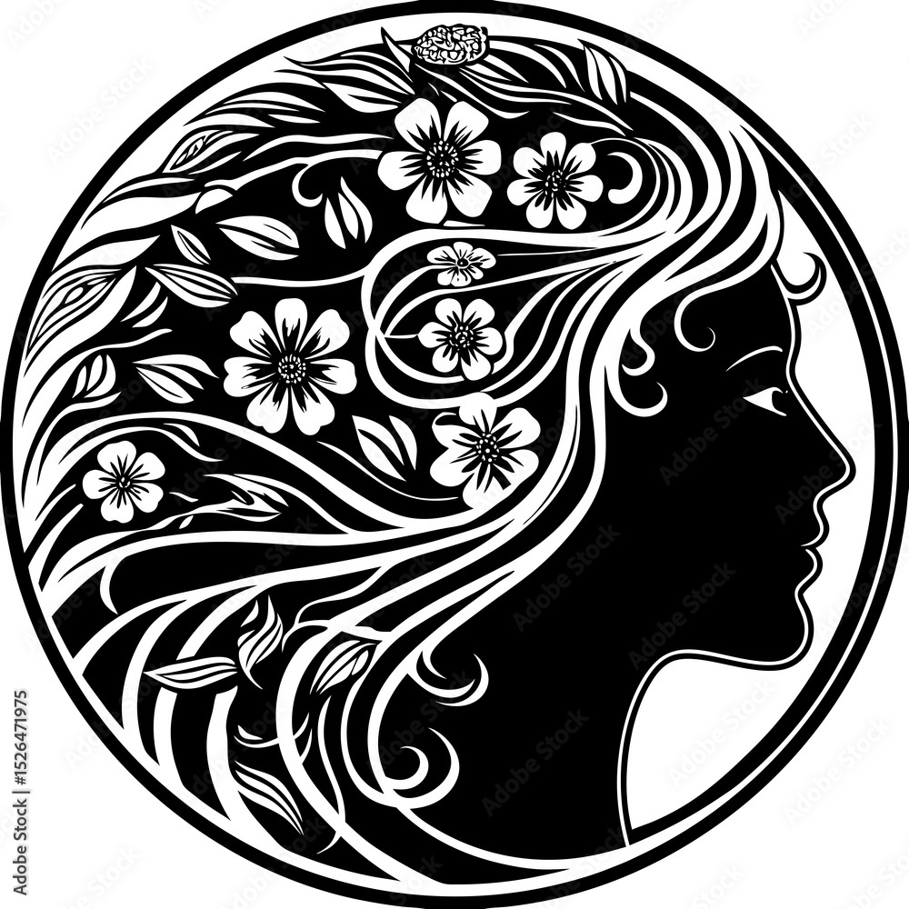 Obraz premium Floral Side Profile Linocut Portrait