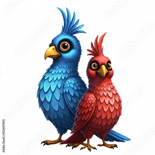 Two cartoonish birds, one blue and one red, standing side by side with textured feathers and expressive features.