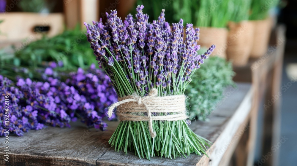 Fototapeta premium Lavender bunch tied with twine on rustic wooden surface outdoors