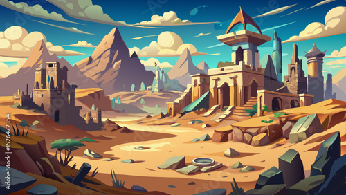 Fantasy desert city in ruins, half-buried in sand after a devastating elemental war Very beautiful