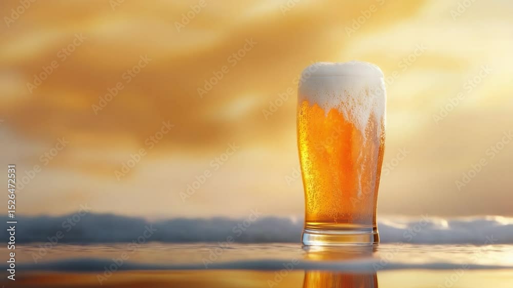 Golden Ale: A beautifully lit glass of refreshing ale, brimming with a rich, golden hue and a creamy, frothy head, stands in a dreamy scene on a beach during sunset. 