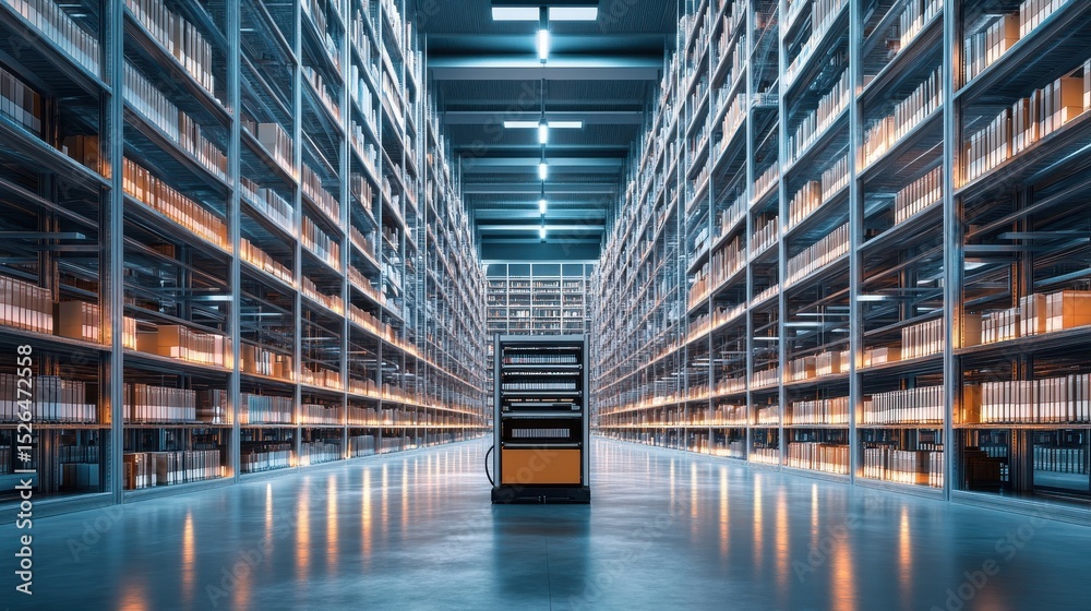 Fototapeta premium Automated guided vehicle navigating warehouse shelves at night