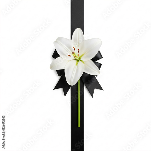 White lily with green stem on a vertical black ribbon with a bow. 