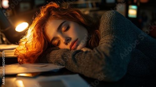 Woman asleep on desk, auburn hair illuminated by warm lamp
