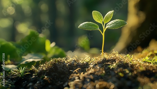 Close up of a small plant with three leaves growing in soil with a blurred green background