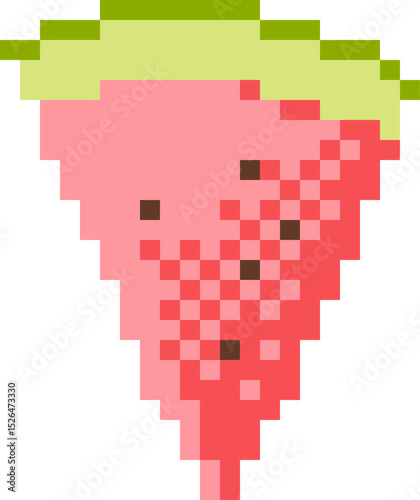 Juicy watermelon slice in pixel art style. Fun and colorful fruit illustration for summer designs, games, icons or digital stickers.