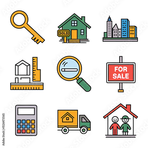vector icons real estate business house key, symbolizing ownership new home House Sold Sign icon "Sold" sign in front, representing successful real estate 
