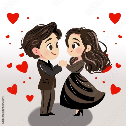 This charming illustration features a romantic cartoon couple dressed elegantly hands while gazing the lovers into each eyes. Surrounded by floating red hearts, the lovers. The suit the lovers is ado