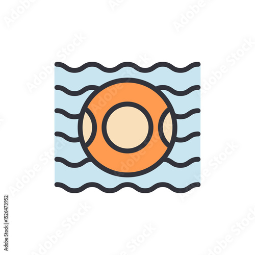 Orange Lifebuoy Floating On Light Blue Wavy Water Graphic Resource