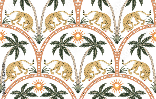 Leopard animal, arch, tropical palm tree, sun seamless pattern. Boho floral wallpaper.