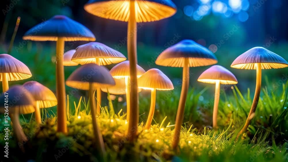 Glowing mushrooms cluster in a forest clearing, illuminated from within, surrounded by green grass and moss, with a dark blue bokeh background.