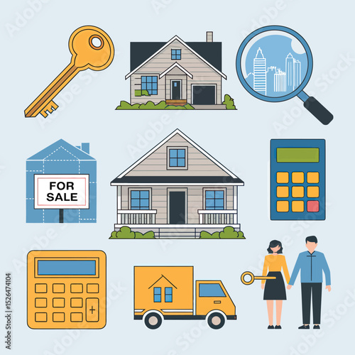 vector icons real estate business house key, symbolizing ownership new home House Sold Sign icon "Sold" sign in front, representing successful real estate 
