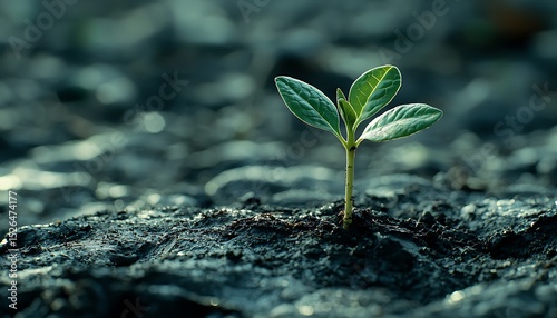 A small green plant growing out of dark soil with a blurred background in soft lighting