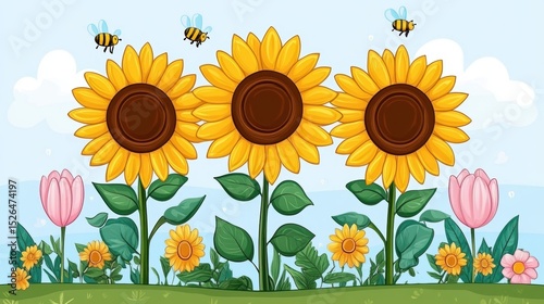 A vibrant illustration features cheerful sunflowers and tulips surrounded by buzzing bees, set against a clear blue sky, Ideal for floral designs, gardening themes, or children's publications,