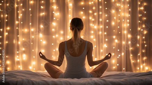 Woman meditates in lotus position on bed with warm glowing curtain lights