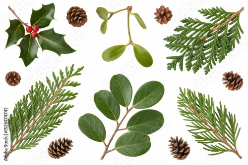 Winter greenery with natural flora fauna of holly, ivy, mistletoe, cedar cypress, spruce fir, yew pine cones. Nature study composition. Flat lay, top view. isolated, white background