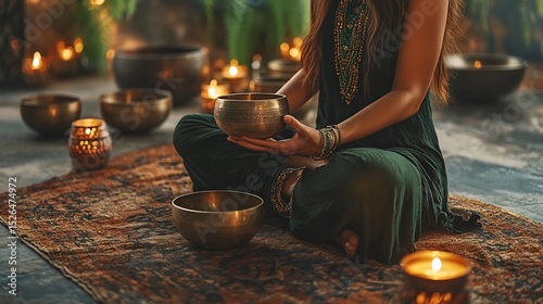 Woman meditating with singing bowls, surrounded by candles and plants